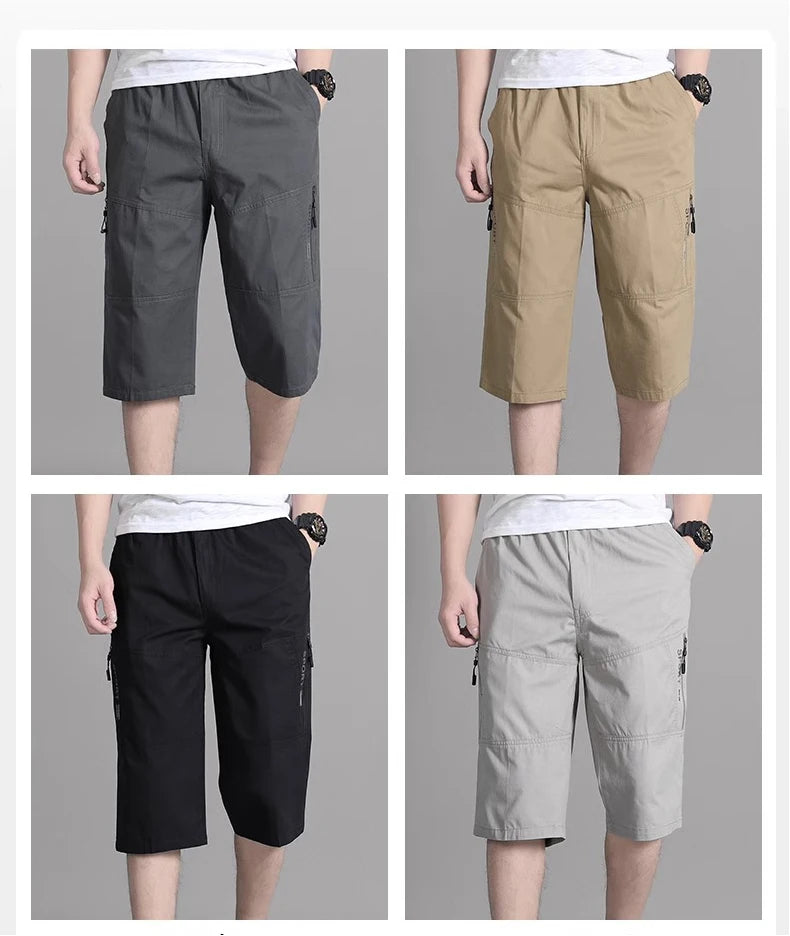 Noxwear - Mens Cargo Shorts Knee Pants Zipper Pocket Summer Cotton Shorts Climbing Jogger Elastic Waist Sports Wear