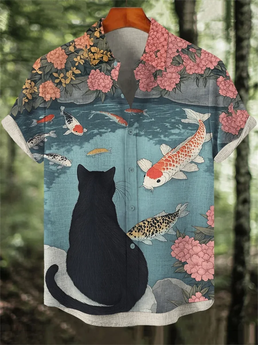 Noxwear - Men's linen short sleeved shirt, loose top, animal print, fashionable trend, outdoor street, casual and comfortable