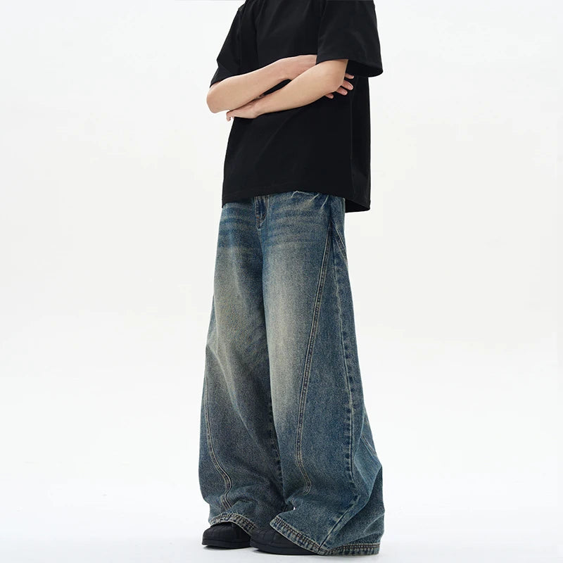 Noxwear - Spring New Men's Jeans Oversized Wide Leg Pants Loose Vintage Patchwork Lightning Cracked Denim Trousers Streetwear Male