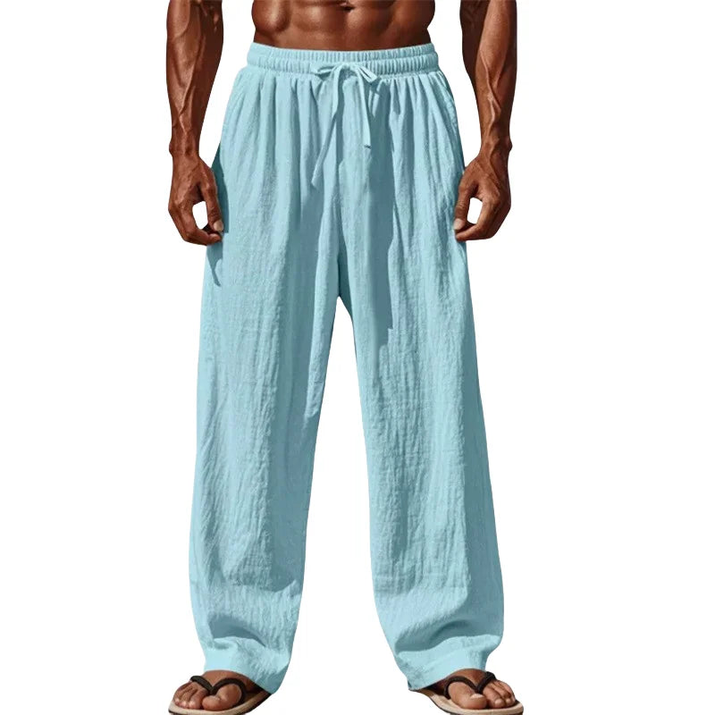 Noxwear -  New Men Cotton and Linen Casual Pants Simple and Comfortable Straight Leg Pants Waist Drawstring Plus Size Looser S-4XL