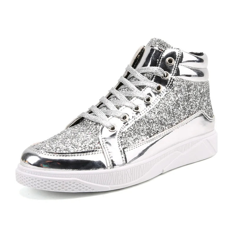 Noxwear - Men's Boots Nightclubs Fashiona Sequins With Diamonds Gold Leather Boots Trendy High Top Sports Casual Shoes Large Size 38-48