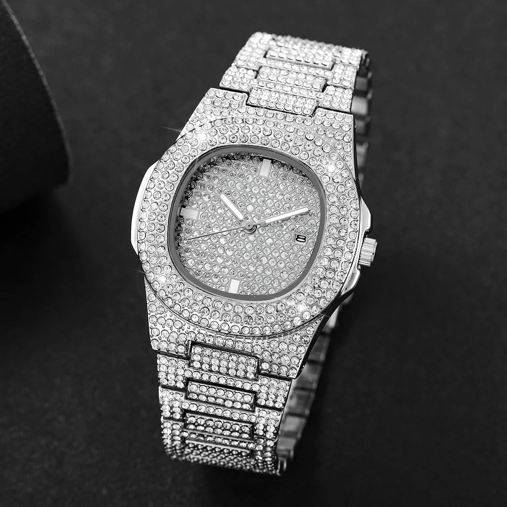 Noxwear - Luxury Full Diamond Men's Stainless Steel Watches Male Sports Quartz Wristwatch with Calendar