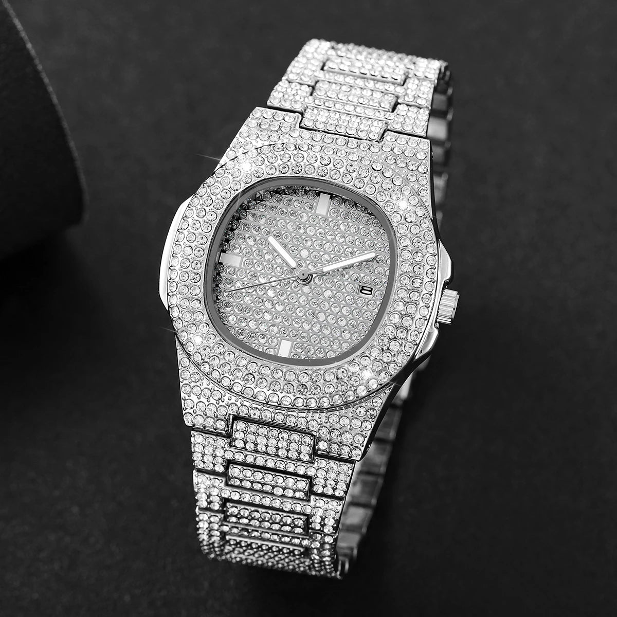 Noxwear - Luxury Full Diamond Men's Stainless Steel Watches Male Sports Quartz Wristwatch with Calendar