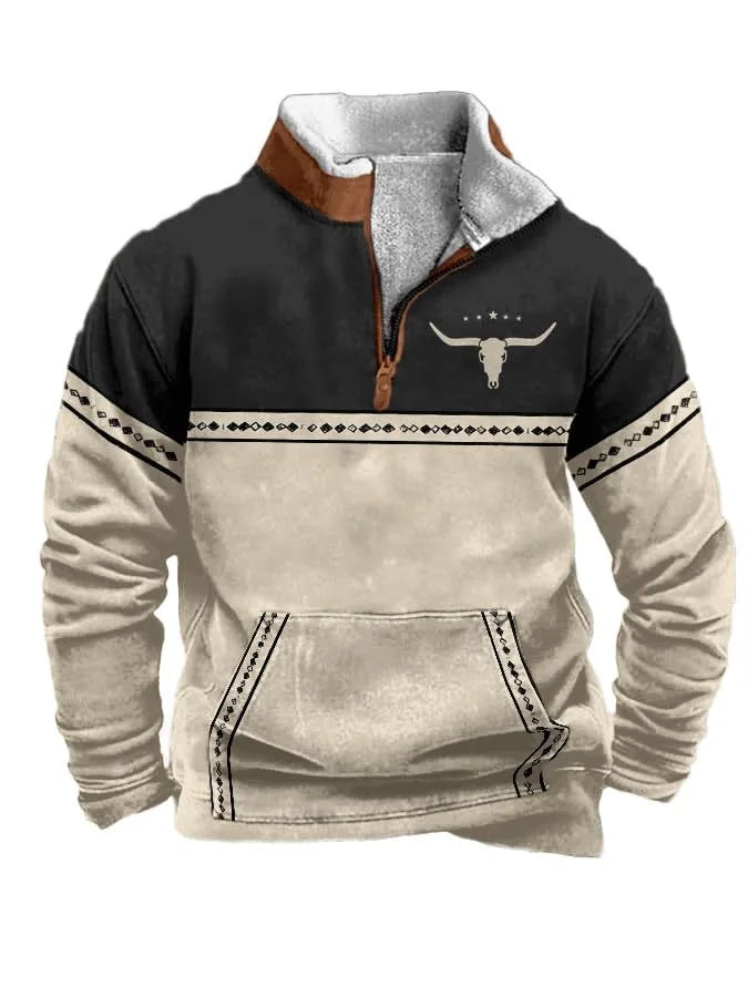 Noxwear - Men'S Vintage Western Hoodie with Aztec Cowboy Design - Beige & Gray Zip-Up Pullover with Pockets, Casual Long Sleeve Outdoor We