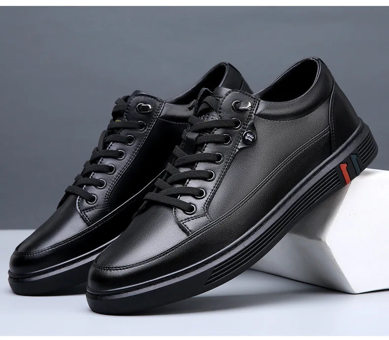 Noxwear - New Shoes for Men Genuine Leather Casual Shoes Spring Autumn Cool Black Flat Skateboard Shoes Youth Fashion Slip-on Sneakers