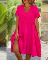 Noxwear Cotton Linen Casual Women's Dresses 2025 Spring/Summer Sweet  Short Sleeve Solid V-neck Large Swing Loose Dress  S-5XL