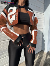 Noxwear Weird Puss Faux Leather Varsity Jacket Women Hipster Letter Print Autumn Casual Sporty Wild Streetwear Uniform Trend Crop Coat