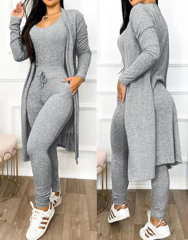 Noxwear Two Piece Set Women Outfit 2023 Spring Fashion Drawstring Pocket Design U-Neck Sleeveless Skinny Jumpsuit & Long Sleeve Coat Set