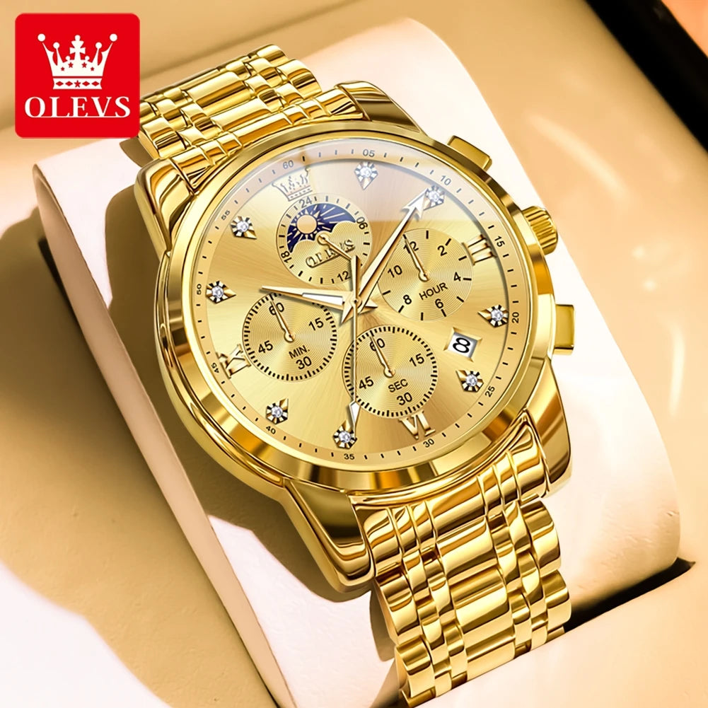 Noxwear - OLEVS Top Luxury Brand Men's Watches Moon Phase Chronograph Quartz Watch for Man Gold Stainless Steel Luminous Original Watch