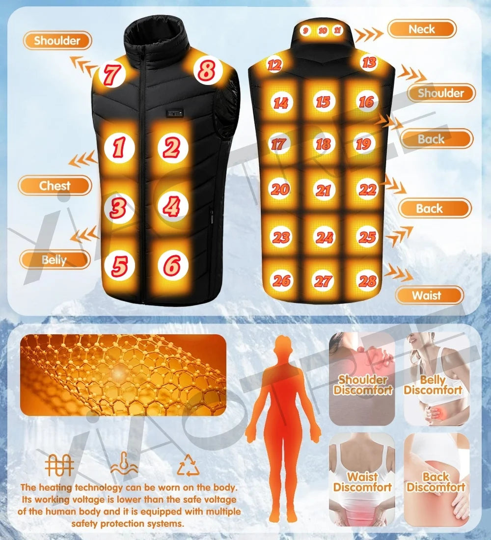 Noxwear - 28/9 Areas Heated Vest Men Jacket Heated Winter Womens Electric Usb Heater Camping Jacket Man Thermal Vest Body Warmer Coat 6XL
