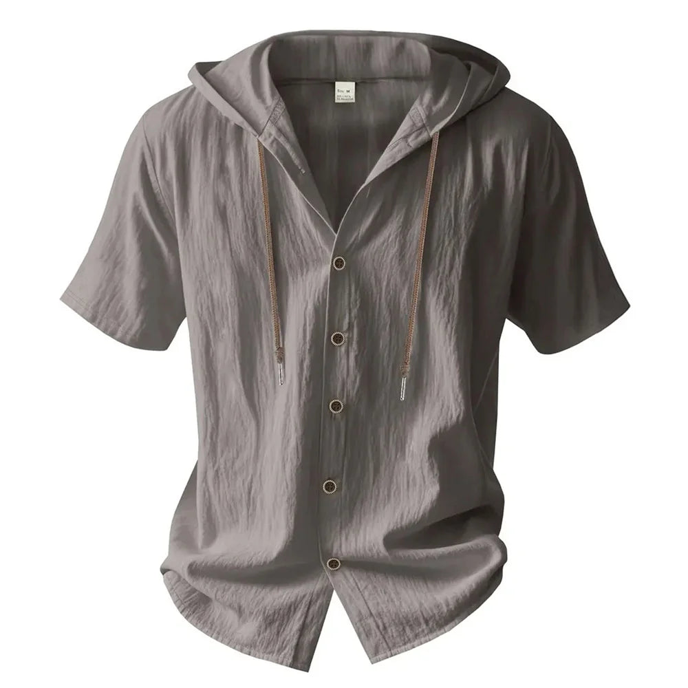 Noxwear -  Cotton Linen Shirt for Men Hooded Short Sleeve Solid Color Breathable Lightweight Drawstring Design Shirts Casual Basic Tees