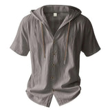 Noxwear -  Cotton Linen Shirt for Men Hooded Short Sleeve Solid Color Breathable Lightweight Drawstring Design Shirts Casual Basic Tees