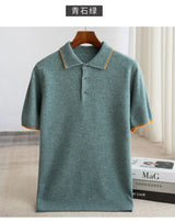 Noxwear - 100% Merino wool men's lapel short sleeved sweater T-shirt new knitted casual business men's pullover sweater wool T-shirt summe