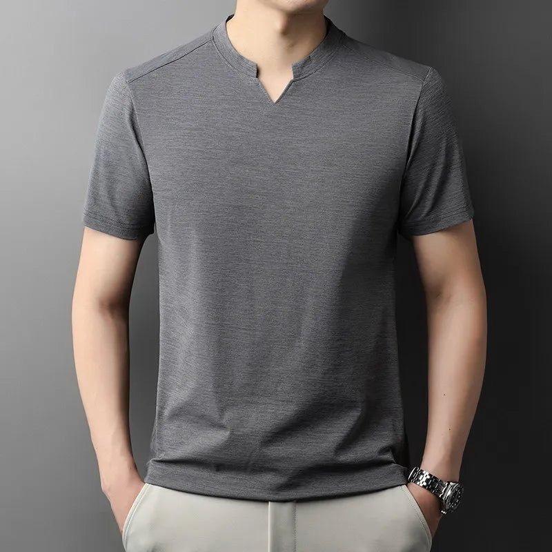 Noxwear - Korean Men's Casual and Fashionable Small V-neck Solid Color Short Sleeved T-shirt Comfortable Summer Versatile Top