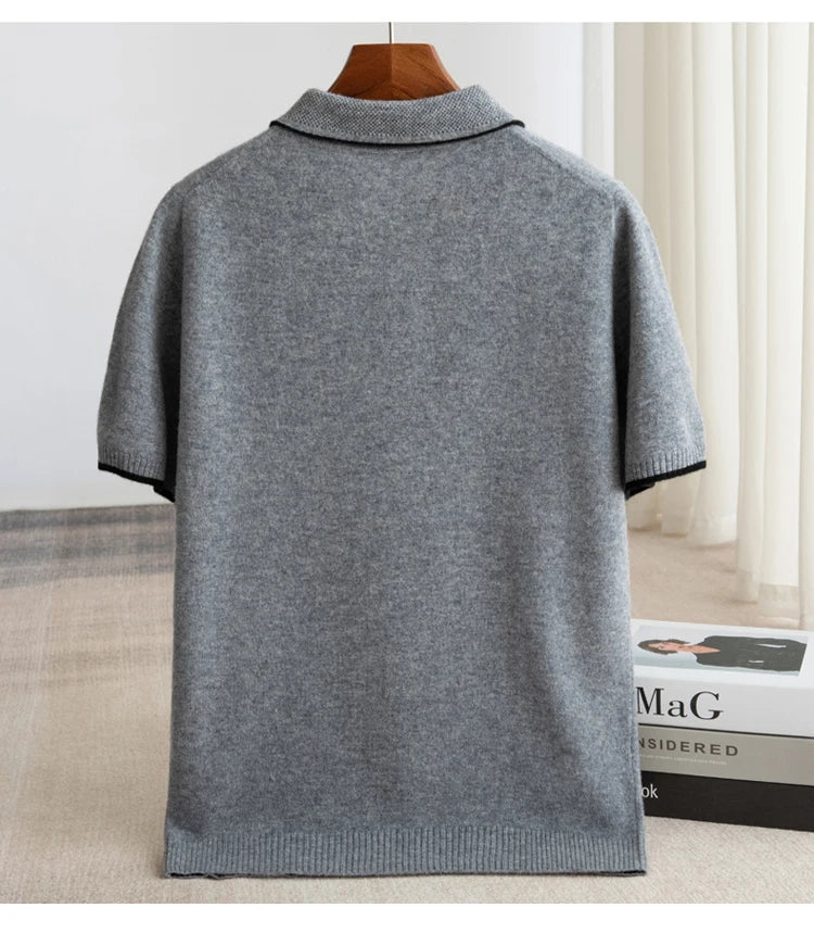 Noxwear - 100% Merino wool men's lapel short sleeved sweater T-shirt new knitted casual business men's pullover sweater wool T-shirt summe