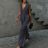 Noxwear Ladies Casual V Neck Sleeveless Top with Pants 2pc Sets Summer High Street Pocket Loose Outfit Elegant Button Solid Color Suit