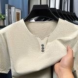 Noxwear - 2025 New Men's Business Casual Three Button V-neck Short Sleeved T-shirt Korean Style Summer Comfortable Versatile Top