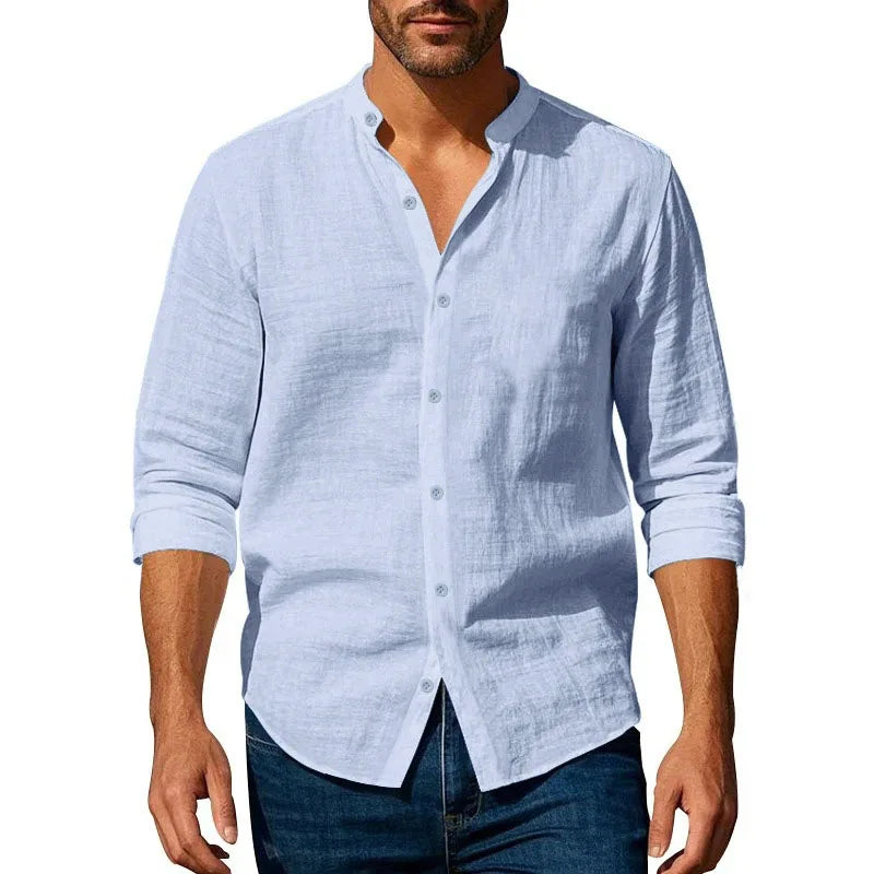 Noxwear - Cotton Linen Shirt for Men Henley Neck Solid Color Lightweight Breathable Slim Fit Single Breasted Shirt Long Sleeve Button Up