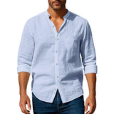 Noxwear - Cotton Linen Shirt for Men Henley Neck Solid Color Lightweight Breathable Slim Fit Single Breasted Shirt Long Sleeve Button Up