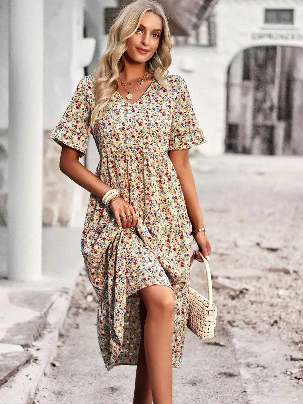 Noxwear Msfilia Fashion V Neck Elegant Printed Dress Women Summer Short Sleeve High Waist A Line Floral Holiday Dresses
