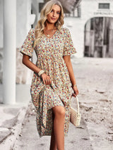 Noxwear Msfilia Fashion V Neck Elegant Printed Dress Women Summer Short Sleeve High Waist A Line Floral Holiday Dresses