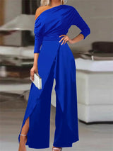 Noxwear 2025 Spring Jumpsuits for Women Plain Elegant Office Lady Loose Ruched One Shoulder Split Hem Wide Leg Jumpsuit