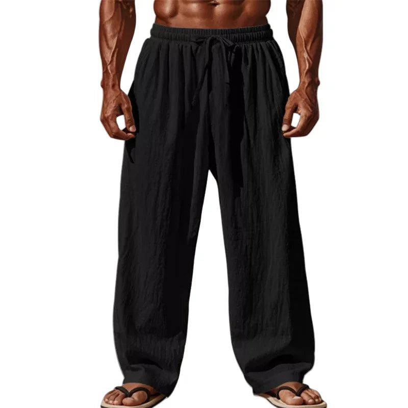 Noxwear -  New Men Cotton and Linen Casual Pants Simple and Comfortable Straight Leg Pants Waist Drawstring Plus Size Looser S-4XL