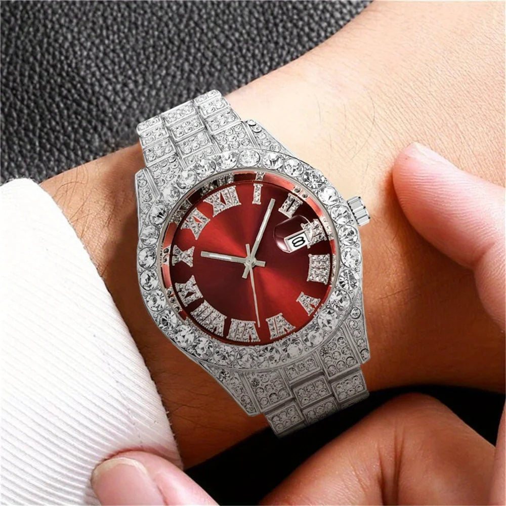 Noxwear - Mens Hip Hop Watch VintagInspired Retro Quartz Timepiece with Oversized Rhinestone Dial and Durable Stainless Steel Band for Men