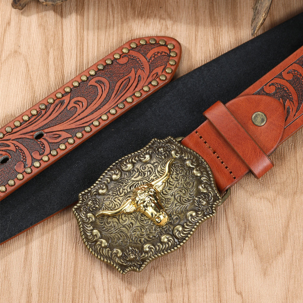 Noxwear - Western Cowboy Belt Cowhead Big Plate Buckle Trend Retro Belt Punk Style Pu Leather Belt