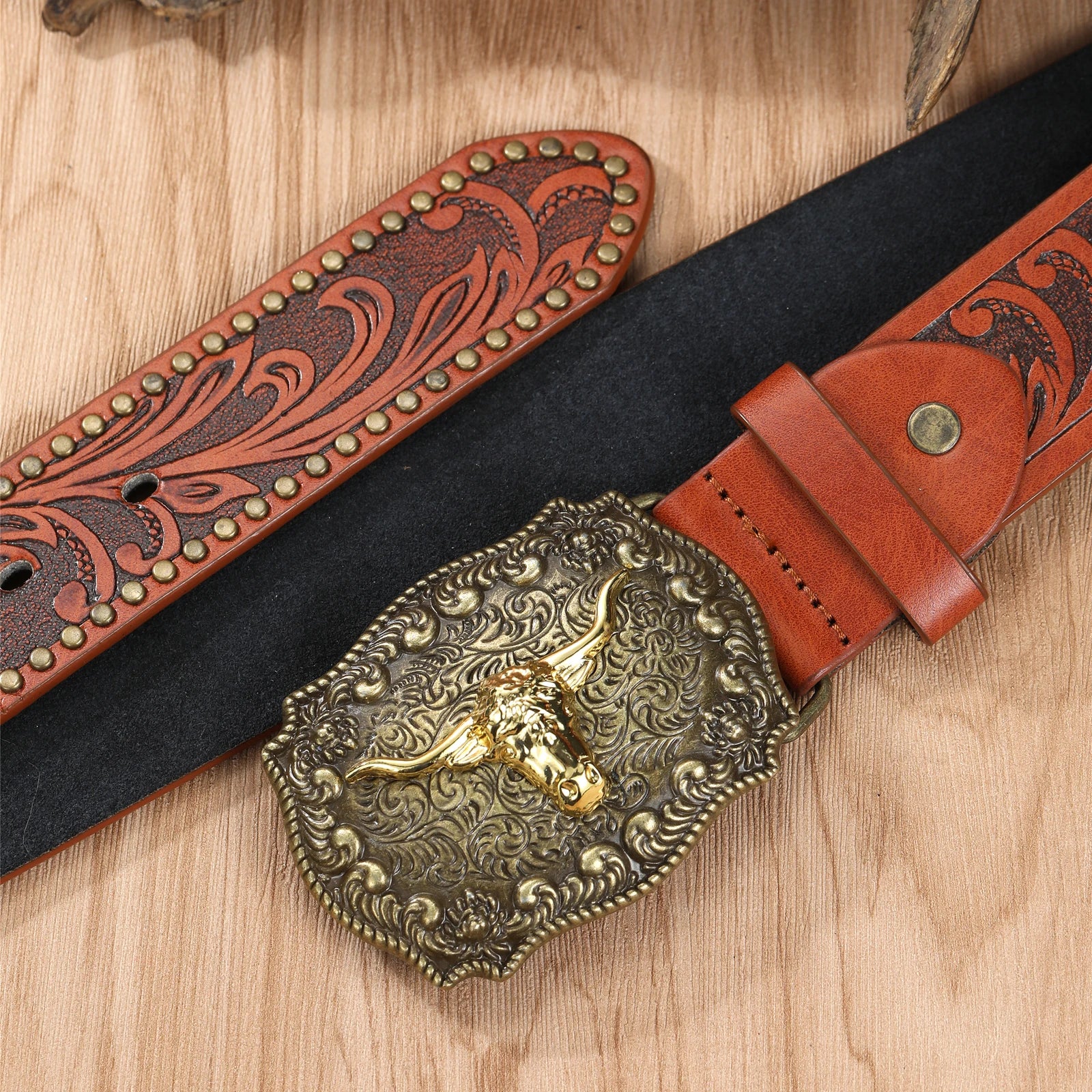 Noxwear - Western Cowboy Belt Cowhead Big Plate Buckle Trend Retro Belt Punk Style Pu Leather Belt