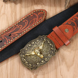 Noxwear - Western Cowboy Belt Cowhead Big Plate Buckle Trend Retro Belt Punk Style Pu Leather Belt