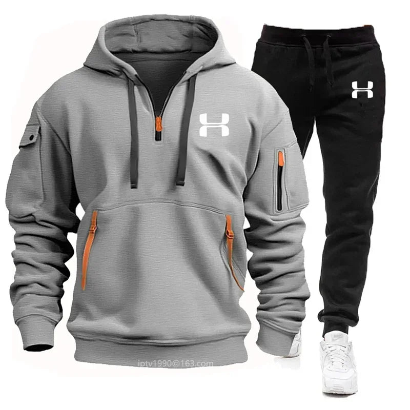 Noxwear-Men new autumn and winter multi-pocket zipper long-sleeved hoodie + sports and leisure pants two-piece fitness jogging suit