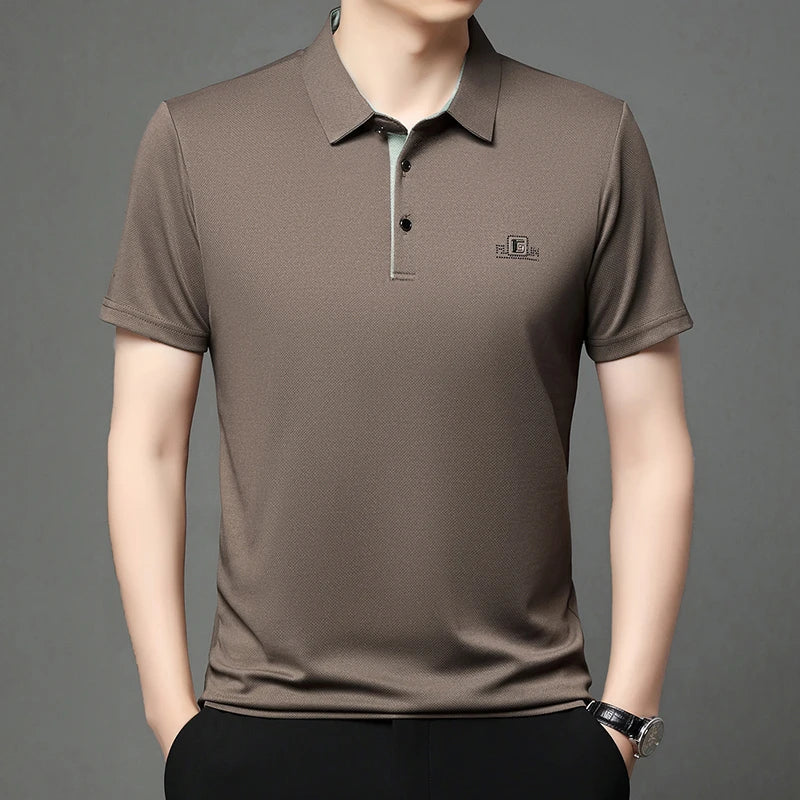 Noxwear - New Men's Business Casual Short Sleeved Shirt with Badge Solid Color Polo Shirt Fashionable Breathable Comfortable Versatile Top