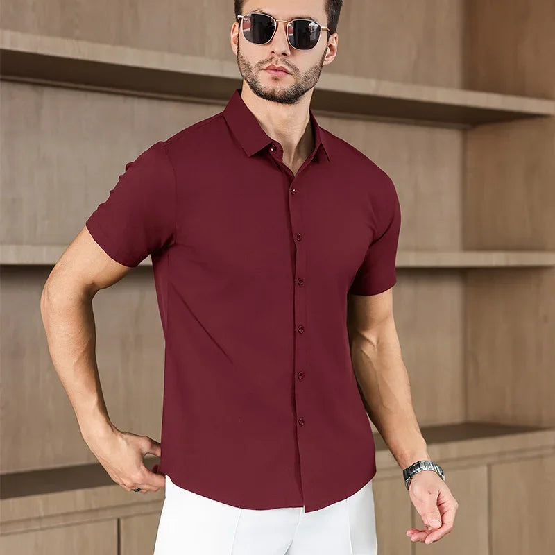 Noxwear -New Men's Business Casual Solid Color Short Sleeved Shirt for Summer Fashion No Ironing Comfortable and Versatile Top