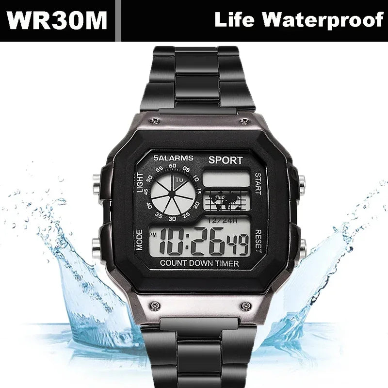 Noxwear - MAYZHISU Classic Men's Digital Watches Luxury Stainless Steel Strap Sport Watches Men Military Clock LED Sport Wristwatch