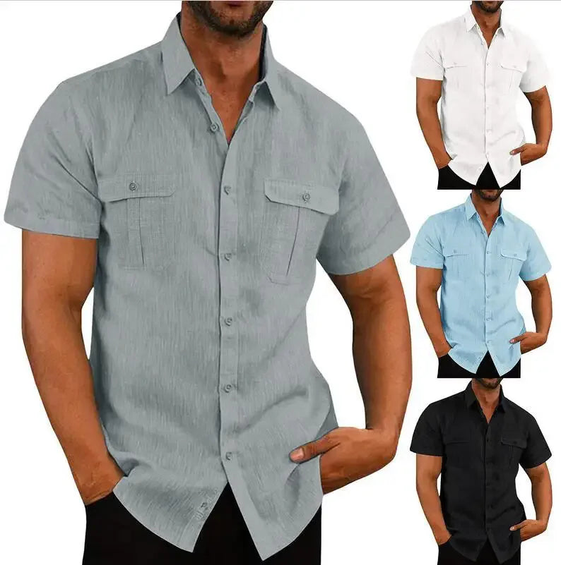Noxwear - Cotton Linen Hot Sale Men Short-Sleeved Shirts Summer Solid Color Comfort Collar Casual Beach Style Plus SizeMale Shirts M-5XL