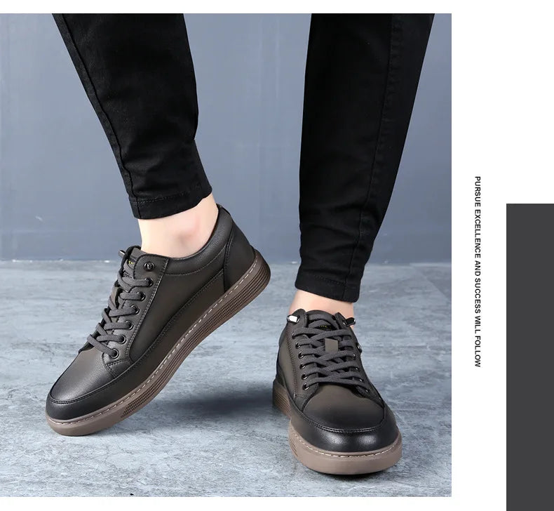 Noxwear - New Shoes for Men Genuine Leather Casual Shoes Spring Autumn Cool Black Flat Skateboard Shoes Youth Fashion Slip-on Sneakers