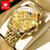 Noxwear - OLEVS Top Luxury Brand Men's Watches Moon Phase Chronograph Quartz Watch for Man Gold Stainless Steel Luminous Original Watch