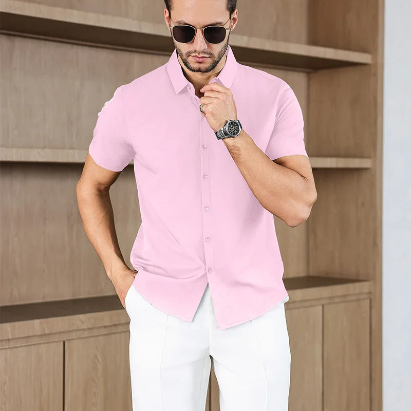 Noxwear -New Men's Business Casual Solid Color Short Sleeved Shirt for Summer Fashion No Ironing Comfortable and Versatile Top