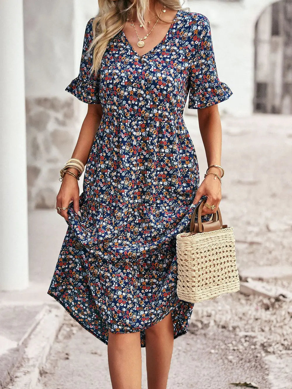 Noxwear Msfilia Fashion V Neck Elegant Printed Dress Women Summer Short Sleeve High Waist A Line Floral Holiday Dresses