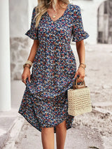 Noxwear Msfilia Fashion V Neck Elegant Printed Dress Women Summer Short Sleeve High Waist A Line Floral Holiday Dresses