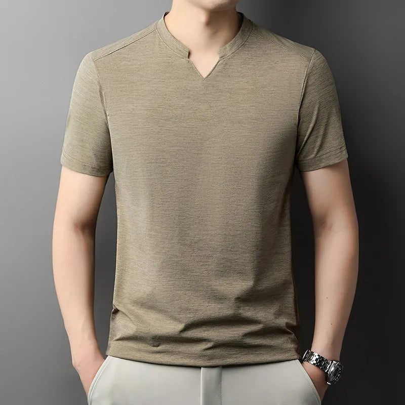 Noxwear - Korean Men's Casual and Fashionable Small V-neck Solid Color Short Sleeved T-shirt Comfortable Summer Versatile Top