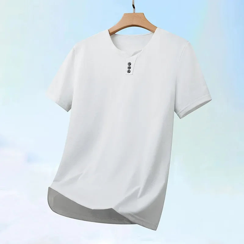 Noxwear - 2025 New Men's Business Casual Three Button V-neck Short Sleeved T-shirt Korean Style Summer Comfortable Versatile Top