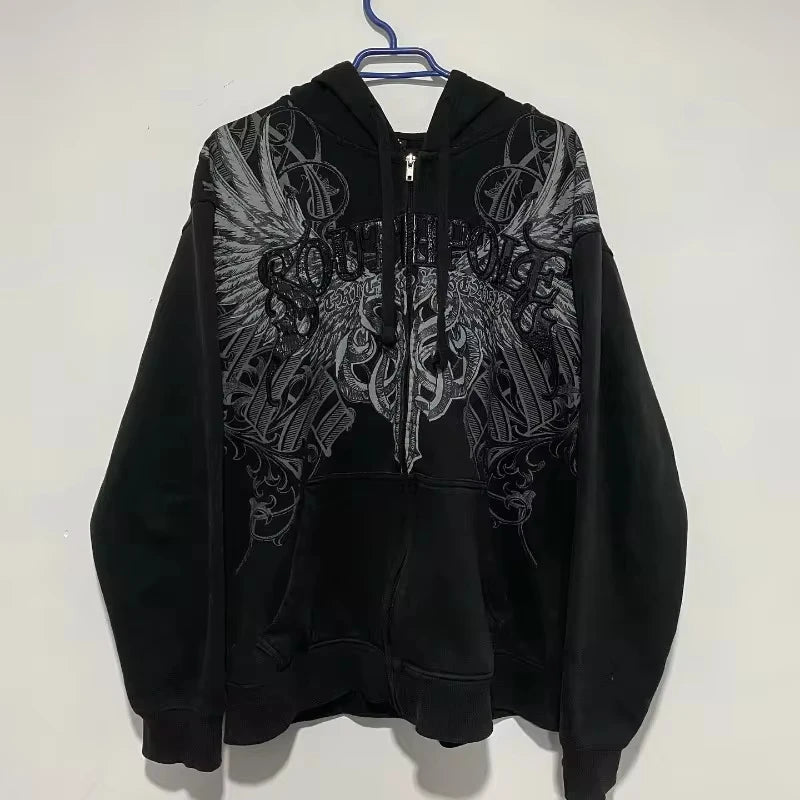 Noxwear Anime Hoodies in black featuring large wing‑style chest graphic with intricate feather design for oversized streetwear style.
