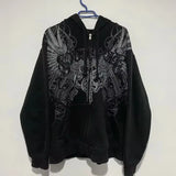 Noxwear Anime Hoodies in black featuring large wing‑style chest graphic with intricate feather design for oversized streetwear style.
