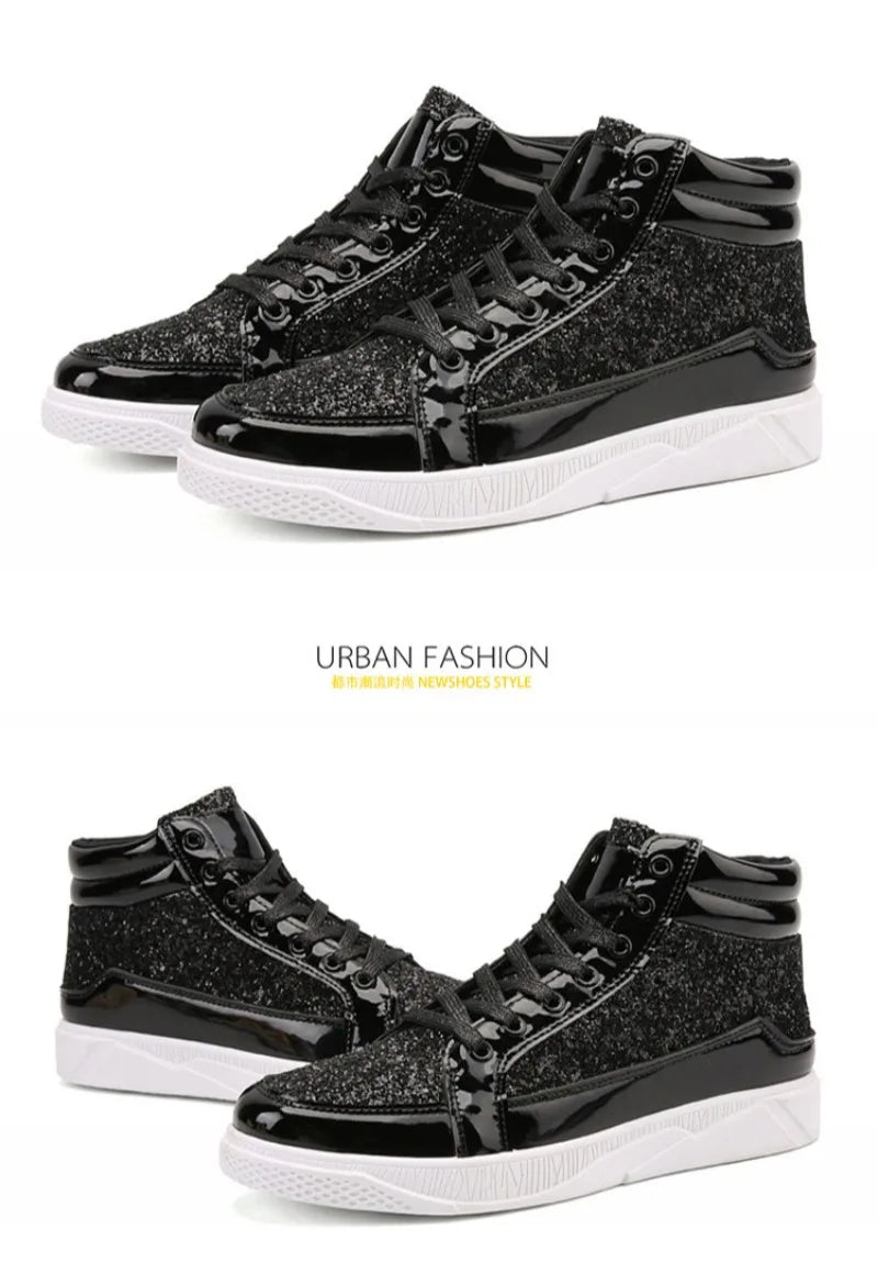 Noxwear - Men's Boots Nightclubs Fashiona Sequins With Diamonds Gold Leather Boots Trendy High Top Sports Casual Shoes Large Size 38-48