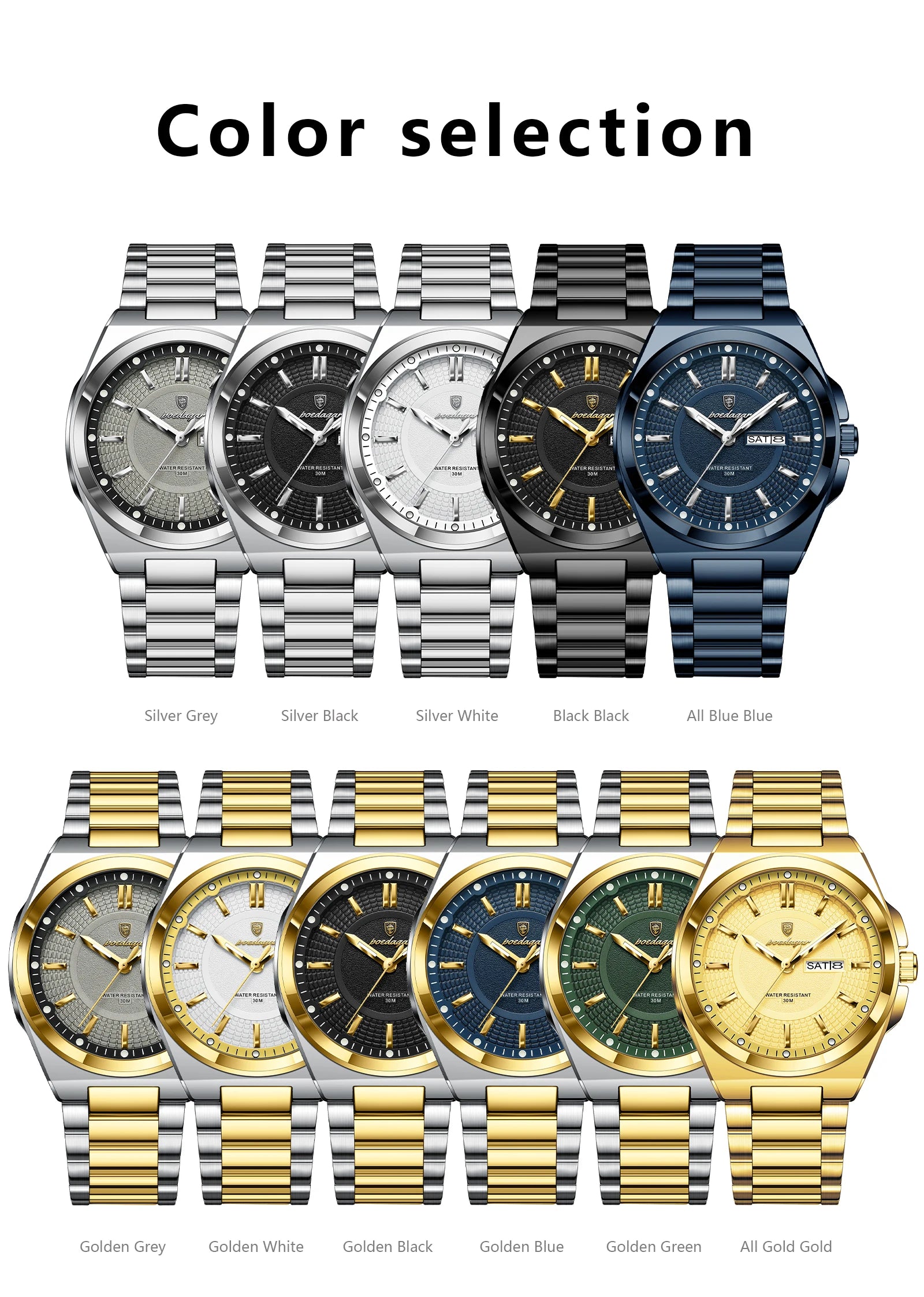 Noxwear - POEDAGAR Sport Original Men Clock Quartz Date Week Luxury Man Wristwatch Waterproof Luminous Stainless Steel Men's Watches Reloj