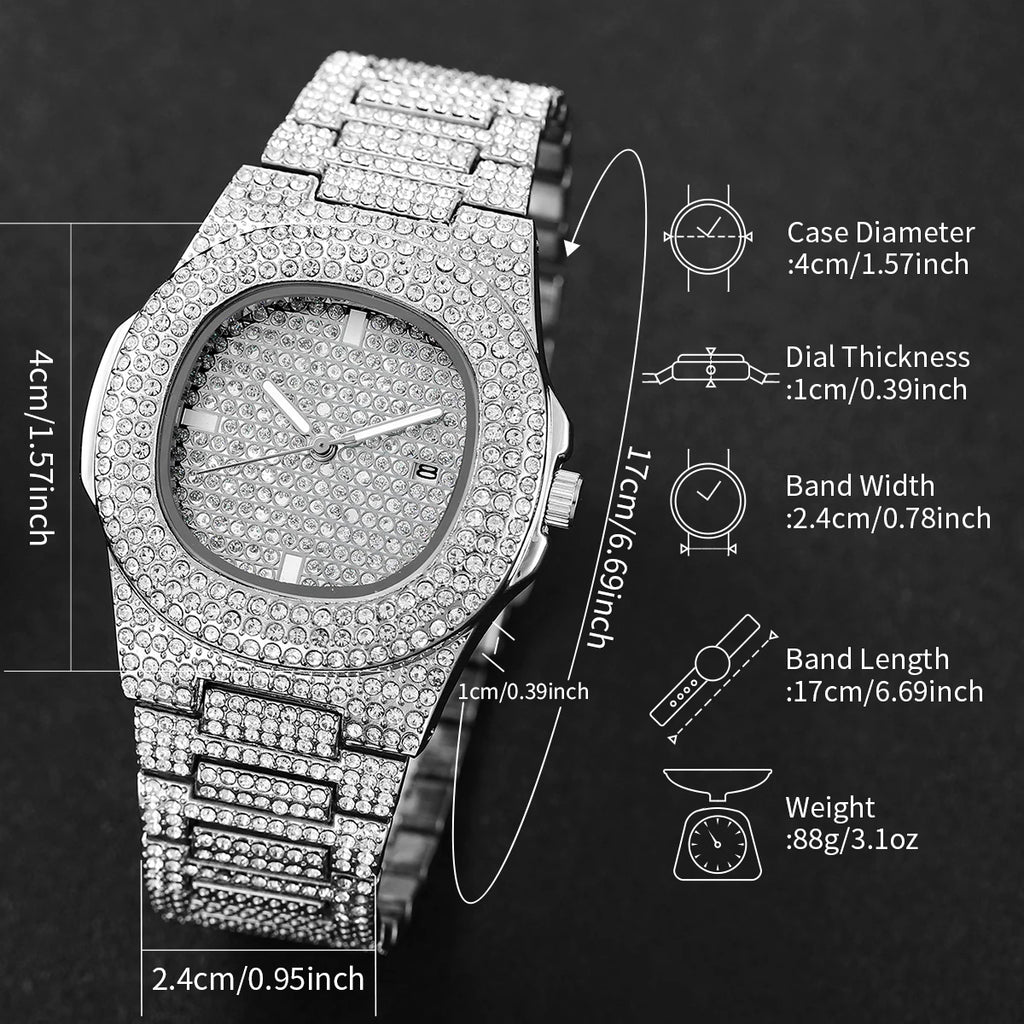 Noxwear - Luxury Full Diamond Men's Stainless Steel Watches Male Sports Quartz Wristwatch with Calendar