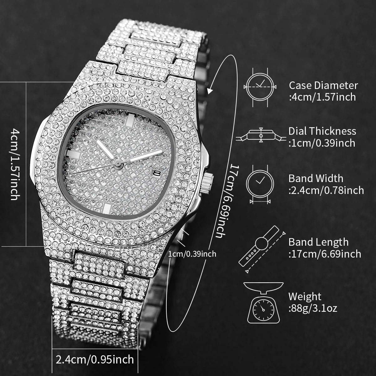 Noxwear - Luxury Full Diamond Men's Stainless Steel Watches Male Sports Quartz Wristwatch with Calendar
