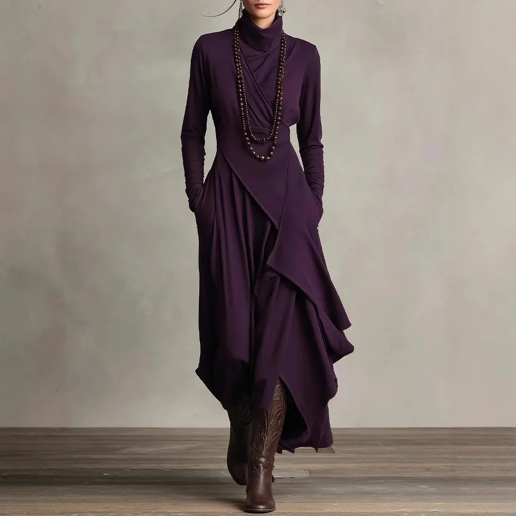 Noxwear Vintage Pocket Asymmetric Dress for Women's Long Sleeve Solid Turtleneck Minimalist Retro Casual Autumn Long Dresses 2025